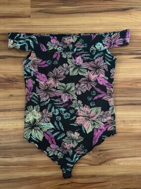 Free People Retro 80s Off-The-Shoulder Floral Bodysuit Black Neon Print Size M